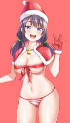 :d \||/ areola_slip areolae bangs bell bikini bikini_bottom_only black_hair blue_eyes blunt_bangs blush breasts capelet christmas commentary eyebrows_visible_through_hair female female_only fur-trimmed_capelet fur-trimmed_gloves fur-trimmed_headwear fur_trim gloves gluteal_fold groin hands_up hat highres large_breasts looking_at_viewer mibushiro navel neck_bell open_hand open_mouth original parted_bangs red_background red_bikini red_capelet red_gloves red_headwear red_ribbon ribbon ribbon_bra santa_hat sidelocks simple_background skindentation smile solo standing string_bikini striped striped_bikini swimsuit twintails underboob waving