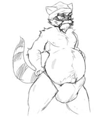 anthro armpit_hair beard belly big_belly big_bulge body_hair bulge facial_hair hobo homeless male mammal mature_male monochrome procyonid raccoon rifykoh scruffy solo solo_male