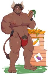 absurd_res anthro beard big_muscles bovid bovine brown_body brown_hair bulge carrot cattle clothed clothing facial_hair food genitals hair hi_res horn huge_pecs male male_only mammal muscular muscular_anthro muscular_male nipples penis plant pubes red_clothing red_thong red_underwear seintaur solo standing thong topless underwear vegetable