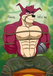 abs absurd_res activision alternate_version_at_source anthro areola arms_tied bandicoot biped bondage bottomwear bound bulge camo camo_bottomwear camo_clothing camo_pants camo_print clenched_teeth clothed clothing crash_(series) crate crunch_bandicoot damodraws dialogue english_text forced fur hands_behind_back hands_tied hi_res legs_tied looking_at_viewer male male_only mammal marsupial muscular muscular_anthro muscular_male muzzle_(object) muzzled navel nipples pants pattern_bottomwear pattern_clothing pattern_pants pecs prosthetic prosthetic_arm prosthetic_limb red_body red_fur restraints rope rope_bondage rope_harness sitting solo tan_body teeth text topless video_games