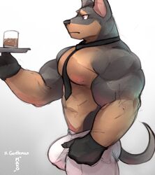 2021 abs anthro beverage biceps big_bulge big_muscles bottomwear bulge canid canine canis clothed clothing container cup dobermann domestic_dog gloves handwear hi_res holding_object holding_plate makowolf1 male mammal muscular muscular_anthro muscular_male necktie nipples pants pecs pinscher side_view simple_background solo standing topless topless_male white_background