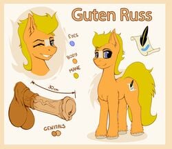 animal_genitalia animal_penis balls border earth_pony equid equine equine_penis feral genitals guten_russ hasbro hi_res horse male mammal model_sheet my_little_pony one_eye_closed penis pony shamziwhite smile solo standing wink yellow_border