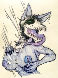 anthro bone breast_grab breasts canid canine canis claws female fur furry furry_fetish hand_on_breast lube_bottle lube_drip mal0 malo mammal marsh_(marshthemalo) scp-1471 scp-1471-a scp_foundation skull skull_head solo tongue tongue_out traditional_media_(artwork) victordantes wet wet_body wet_fur wolf