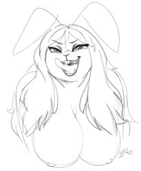 anthro bare_breasts black_and_grey durg_(artist) fan_character honey_bunny lagomorph leporid licking licking_lips mammal monochrome nipples nude rabbit tongue tongue_out