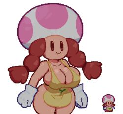 1girls alternate_breast_size apron ass big_ass big_breasts big_thighs braided_hair braided_twintails breasts brown_hair cleavage clothing curvy female female_only gloves hourglass_figure huge_breasts humanoid large_breasts light-skinned_female light_skin mario_(series) minh_t. mushroom mushroom_girl mushroom_hat mushroom_humanoid naked_apron nintendo no_nose oven_mitts paper_mario partially_clothed pixel_art revealing_clothes shortstack slightly_chubby smile solo solo_female somescrub sprite_art standing thick thick_hips thick_thighs thighs toad_(mario) twintails white_background white_gloves wide_hips