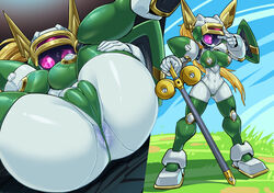 anus ass athletic athletic_female big_breasts big_butt breasts camel_toe clothed clothing digital_drawing_(artwork) digital_media_(artwork) female holding_leg holding_object holding_weapon humanoid instant_loss_2koma looking_at_viewer lying machine medabots_(models) medarot on_back one_eye_closed outside panties pochincoff pretty_prime robot robot_humanoid small_waist solo standing thick_thighs underwear weapon