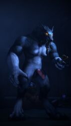 2021 3d_(artwork) 4k 9:16 absurd_res anthro archmage-rykarr blizzard_entertainment bovid bovine canid canine canis digital_media_(artwork) erection facial_hair fur genitals glowing glowing_eyes grey_body grey_fur half-erect hi_res humanoid_genitalia humanoid_penis inviting male male/male mammal naughty_face nipples nude pecs penis scar scared solo_focus tauren video_games warcraft watermark were werecanid werecanine werewolf widescreen wolf worgen