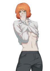 1girls artist_request clothing female female_only ginger ginger_hair green_eyes ishmael_(limbus_company) limbus_company medium_breasts orange_hair pale-skinned_female pale_skin project_moon shirt shirt_lift short_hair tagme