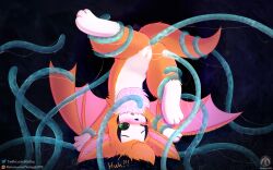 bat bat_wings blush bodily_fluids cum cum_inside dust:_an_elysian_tail female feral fidget_(elysian_tail) genital_fluids genitals grass hi_res mammal membrane_(anatomy) membranous_wings nimbat open_mouth penetration plant pussy senz solo tail tentacle tentacle_penetration text upside-down wings