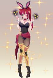 bunny_ears bunny_girl bunnysuit cleavage green_eyes high_heel_boots huge_breasts long_hair looking_at_viewer maik_beelzebub ponytail pyrrha_nikos red_hair rwby thighhighs voluptuous wink