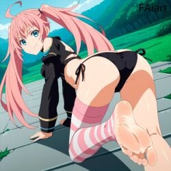 ai_generated all_fours faiart foot_fetish foot_focus looking_back milim_nava pink_hair tensei_shitara_slime_datta_ken thick_thighs twintails