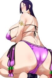 1girls arind_yudha arm_strap ass big_ass big_breasts bikini bikini_bottom bikini_top blush bottomwear breasts fate/grand_order fate_(series) female female_only hair heart-shaped_pupils huge_ass huge_breasts long_hair looking_back mature mature_female mature_woman milf minamoto_no_raikou_(fate/grand_order) purple_bikini purple_eyes purple_hair sideboob solo solo_female steam steamy_breath swimwear topwear