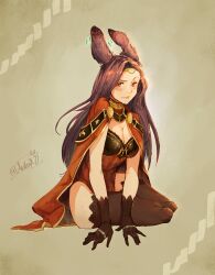 1girls alternate_costume animal_ear_piercing animal_ears arm_support artist_name black_gloves black_thighhighs blush breasts cape cleavage closed_mouth female female female_only fire_emblem fire_emblem_echoes:_shadows_of_valentia gloves highres kemonomimi_mode large_breasts leaning_forward leotard long_hair looking_at_viewer nintendo playboy_bunny purple_hair rabbit_ears rabbit_girl raised_eyebrow red_cape red_eyes red_leotard sidelocks signature simple_background sitting solo sonya_(fire_emblem) spindle_(aidenr0) thighhighs yellow_background yokozuwari
