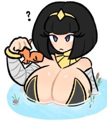 1female 1girls 2d 2d_(artwork) 2d_artwork big_breasts black_hair blue_eyes breasts bust bust_portrait bust_up busty busty_female color digital_drawing_(artwork) digital_media_(artwork) egyptian egyptian_clothes egyptian_female egyptian_headdress egyptian_mythology elisa_(hira.shotgun) eyelashes female hira.shotgun holding holding_animal huge_breasts in_water light-skinned_female light_skin mummy_wrappings original original_character question question_mark questioning shiny_breasts shiny_skin short_hair simple_background waist_not_visible