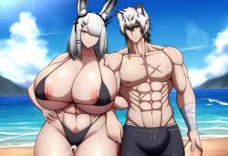 abs after_sex ai_generated arknights beach bikini cum cum_in_pussy day dripping dripping_cum erection_under_clothes frostnova_(arknights) highres huge_breasts leopard_boy muscular_male narrow_waist outdoors rabbit_girl scars_on_body self_upload silverash_(arknights) spyrodragon2003 sweat tagme thick_thighs visible_nipples water