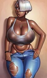 avengers big_breasts breasts_bigger_than_head dark-skinned_female huge_breasts jeans large_areolae marvel marvel_comics ororo_munroe ph ripped_clothing ripped_pants short_hair storm_(x-men) tagme tank_top thick_thighs white_hair x-men