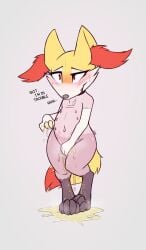 absurd_res anthro blush bodily_fluids braixen breath ear_tuft feet female fur generation_6_pokemon genital_fluids hi_res navel nintendo nipples peeing peeing_self pokemon pokemon_(species) shaved_pussy simple_background slowderpyguy solo sweat toes tuft urine wetting worried