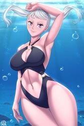 1girls arm_up armpits big_breasts black_clover breasts cleavage female_only large_breasts looking_at_viewer noelle_silva partially_nude purple_eyes rocky-ace silver_hair smile swimsuit thick_thighs thighs twintails wide_hips