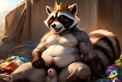 ai_generated anthro chubby crown day furry garbage male male_anthro male_only outdoors penis raccoon rxmurloc34 sheath sitting solo solo_male tail testicles trash yiff