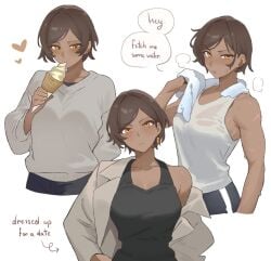 brown_hair dark-skinned_female earings eating_ice_cream heart_symbol ice_cream looking_at_viewer outis_(limbus_company) sweating yellow_eyes