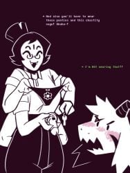 alternate_universe anthro arachnid arthropod asriel_dreemurr blush boss boss_monster_(undertale) chastity_cage chastity_device clothing comic dracozhilla duo embarrassed female femboy hi_res humanoid key larger_male maid_uniform male male/female muffet muffet_(underswap) panties size_difference smaller_female spider text underswap undertale undertale_(series) underwear uniform