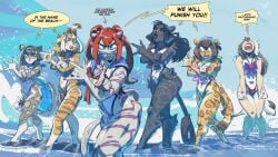 16:9 absurd_res advertisement animal_humanoid anthro bishoujo_senshi_sailor_moon clothing dandee_(character) dialogue digital_media fel_(my_life_with_fel) felid felid_humanoid female futanari group group_picture hi_res humanoid intersex jaguar jaguar_humanoid kenno_arkkan kitzy_(character) kyra_(nightargen) leopard lion mammal mammal_humanoid orio_(character) pancake_(luxar92) pantherine pantherine_humanoid sailor_moon_(series) seaside snow_leopard speech_bubble swimwear widescreen