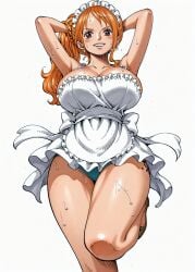 ai_generated alluring arms_behind_head arms_up big_breasts blush blushing_female breasts color colored earring earrings female female_only high_heels highres long_hair looking_at_viewer maid maid_headdress maid_outfit maid_uniform nami nami_(one_piece) one_leg_up one_piece orange_hair ponytail post-timeskip seducing seduction seductive seductive_body seductive_eyes seductive_gaze seductive_look seductive_mouth seductive_pose seductive_smile shiny_hair shiny_skin sweat sweatdrop sweating sweaty sweaty_body tagme thick_thighs voluptuous voluptuous_female yashin