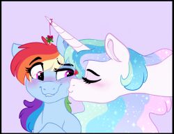 blue_body blush closed_eyes duo equid equine female female/female friendship_is_magic hasbro horse kissing kissing_cheek mammal my_little_pony pony princess_celestia_(mlp) rainbow_dash_(mlp) saphi-boo simple_background white_body