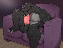 anthro autofellatio balls big_balls big_penis black_body black_fur blizzard_entertainment canid canine claws dalrus_plaguefang_(character) fur furniture gay genitals huge_balls huge_cock male male_only mammal masturbation muscular muscular_male on_sofa oral oral_masturbation pantheradraws penile penile_masturbation penis sitting sofa solo sxfpantera thick_thighs toe_claws video_games warcraft were werecanid worgen