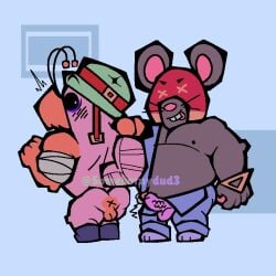 2boys anus balls ballsack blush blush_lines bodily_fluids brawl_stars crustacean crustacean_humanoid ears ears_through_headwear erection gay hank_(brawl_stars) imminent_anal imminent_sex male male_only moe_(brawl_stars) mouse musclegut muscles muscular muscular_male overalls shrimp somehornydud3 supercell surprised tagme tail veiny_penis x_anus