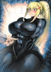 1girls abs abs_visible_through_clothing absurd_res big_breasts black_bodysuit blonde_hair blush bodysuit breasts color colored darkness_(konosuba) hips kono_subarashii_sekai_ni_shukufuku_wo! muscular muscular_arms muscular_female navel_visible_through_clothes ponytail six_pack thegoldensmurf thick_thighs wavy_mouth wide_hips