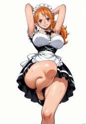 ai_generated alluring arms_behind_head arms_up big_breasts blush blushing_female breasts color colored earring earrings female female_only high_heels highres long_hair looking_at_viewer maid maid_headdress maid_outfit maid_uniform nami nami_(one_piece) one_leg_up one_piece orange_hair ponytail post-timeskip seducing seduction seductive seductive_body seductive_eyes seductive_gaze seductive_look seductive_mouth seductive_pose seductive_smile shiny_hair shiny_skin sweat sweatdrop sweating sweaty sweaty_body tagme thick_thighs voluptuous voluptuous_female yashin