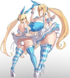 2girls absurdres ahoge anal_tail animal_ears argyle_clothes argyle_legwear artoria_caster_(fate) artoria_caster_(swimsuit)_(fate) artoria_caster_(swimsuit)_(second_ascension)_(fate) artoria_caster_(swimsuit)_(second_ascension)_(fate)_(cosplay) artoria_pendragon_(fate) artoria_pendragon_(lancer)_(fate) ass aster_crowley bare_shoulders blonde_hair blue_dress blue_thighhighs blush breasts bunny_ears cleavage cosplay dress fake_animal_ears fake_tail fate/grand_order fate_(series) full_body green_eyes hairband high_heels highres huge_breasts long_hair looking_at_viewer looking_back medium_breasts multiple_girls no_panties puffy_short_sleeves puffy_sleeves rabbit_ears rabbit_tail short_sleeves skirt smile striped_clothes striped_thighhighs tail thick_thighs thighhighs thighs twintails white_skirt