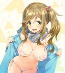 ass_visible_through_thighs bare_belly bare_legs bare_shoulders bare_thighs belly_button big_breasts bikini blush breasts brown_hair green_eyes hair_ornament inuyama_aoi long_hair open_coat open_mouth open_shirt panties scarf shiny_skin side-tie_bikini_bottom side_ponytail skin_fang smile thick_eyebrows thighs underwear yurucamp yuuki_hagure