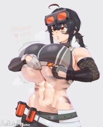 1female 1girls abs aestheticc-meme artist_name big_breasts black_hair breasts clothed clothed_female clothing female fingerless_gloves fit fit_female gloves goggles goggles_on_head grace_howard grease grease_stains light-skinned_female light_skin midriff muscular_female ponytail shirt shirt_lift solo solo_female steam sweat sweaty sweaty_breasts underboob zenless_zone_zero
