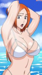 1girls alternate_version_available armpits arms_up bleach bra breasts clouds darkuro_27 female hands_behind_head inoue_orihime long_hair nipples open_mouth orange_hair solo swimsuit swimwear water