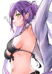 armpits bikini black_bikini breasts ear_piercing female from_side front-tie_bikini_top front-tie_top green_eyes highres hololive long_hair looking_at_viewer medium_breasts navel open_clothes open_shirt parted_lips piercing purple_hair shirt sideboob simple_background solo swimsuit tokoyami_towa upper_body virtual_youtuber white_background white_shirt yuzufu