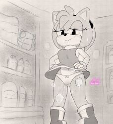 amy_rose bodily_fluids bottomwear clothed clothing clothing_lift female genital_fluids greyscale grocery_store inside monochrome onechan panties peeing public sega skirt skirt_lift smug smug_face solo sonic_(series) sonic_the_hedgehog_(series) underwear urine wet wet_clothing wet_underwear wetting wetting_bottomwear