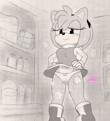 amy_rose bodily_fluids boots bottomwear clothed clothing clothing_lift female genital_fluids greyscale grocery_store inside monochrome onechan panties peeing public sega skirt skirt_lift smug smug_face solo sonic_(series) sonic_the_hedgehog_(series) underwear urine wet wet_clothing wet_underwear wetting wetting_bottomwear