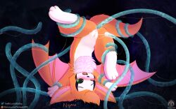 bat bat_wings blush bodily_fluids cum cum_inside dust:_an_elysian_tail female feral fidget_(elysian_tail) genital_fluids genitals grass hi_res mammal membrane_(anatomy) membranous_wings nimbat open_mouth penetration plant pussy senz solo tail tentacle tentacle_penetration text upside-down wings
