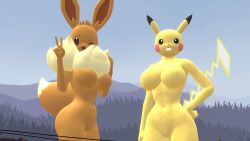 3d 3d_(artwork) anthro dnrud12 eevee nintendo pikachu pokémon_(species) pokemon