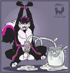 absurd_res anthro arms_tied atelierlunatic balls black_body black_fur blue_border bodily_fluids border bound container cum ejaculation excessive_cum fucked_silly fur genital_fluids genitals glass glass_container grey_background hi_res legs_tied machine male mammal mephitid mesomorph milking_machine pawpads paws penile penis penis_milking penis_milking_machine purple_body purple_fur sextober simple_background skunk white_body white_fur white_pawpads