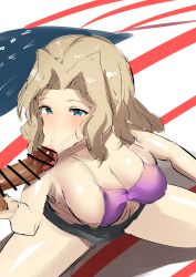 1boy american_flag banaparubon00 blonde_hair blush breasts censored fellatio female girls_und_panzer kay_(girls_und_panzer) large_breasts penis saliva straight tongue_out tongue_out_blowjob