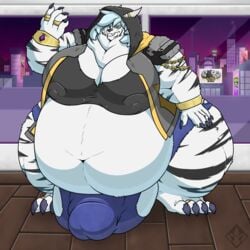 1:1 absurd_res antenna_wire anthro balls belly big_balls big_belly big_breasts big_bulge big_feet big_penis billboard black_clothing black_stripes blue_hair bottomwear bracelet breasts bulge chains charr city city_background claws clothed clothing cutoffs denim denim_clothing dewlap_(anatomy) digitigrade double_chin dripping fangs feet felid fluffy fur futa_focus futa_only futanari gem genitals green_eyes grey_penis guild_wars gynomorph hair hand_on_leg hand_on_thigh hi_res hood hooded_jacket horn huge_cock humanoid_genitalia humanoid_penis hyper hyper_genitalia hyper_penis inside intersex jacket jeans jewelry long_hair looking_down mammal markings morbidly_obese muscular navel night nipple_outline nipples obese overweight pants penis pink_nipples ring shirt shorts shoulder_pads sign skyscraper sleeveless_jacket smile solo solo_futa striped_markings stripes sv3n thick_thighs topwear vein video_games wardrobe_malfunction white_body white_fur wide_hips window wood_floor