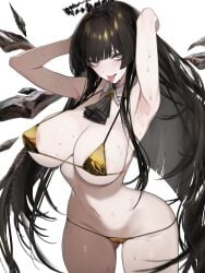 areola_slip arknights armpits arms_behind_head bikini blunt_bangs bowtie_collar cameltoe detached_collar female gold_bikini micro_bikini naughty_face steam sweat swimsuit tongue_out very_sweaty virtuosa_(arknights) vxdrq