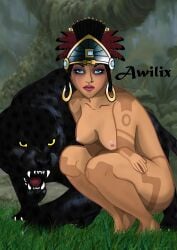 1animal 1girls american_mythology awilix_(smite) black_hair deity female goddess hi-rez_studios looking_at_viewer mayan_mythology mesoamerican_mythology mythology nude panther public_domain realjmegcreations smite squatting suku_(smite) tan_skin tattoo tattoo_on_legs