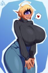 1girls absurd_res ahoge big_breasts blonde_hair blush clothing cyclops eyelashes female female_only heart huge_breasts looking_at_viewer pants pointy_ears purple_eyes sharp_teeth smiling smiling_at_viewer solo souladdicted spoken_heart sweater thick_thighs upper_teeth viviana_(souladdicted)