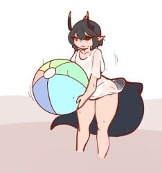 ahoge angry beach_ball black_hair bottomless dragon_girl female horns large_tail oversized_shirt pointy_ears rita_(sunlightnova) short_hair small_breasts solo solo_female standing sunlightnova tail thick_thighs wet_shirt wet_skin