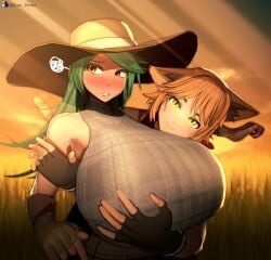 1boy 1girls 3d 3d_(artwork) big_breasts blush blushing_profusely breasts breasts_bigger_than_head catboy cute_birdd embarrassed hand_on_breast huge_breasts hugging_from_behind koikatsu light-skinned_female light-skinned_male light_skin looking_at_viewer massive_breasts original outdoors outside saku_shurmai smug tagme