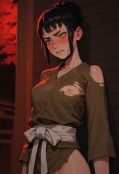 1girls ai_generated black_hair blush cache embarrassed exhibitionism exposed_breasts female green_eyes original_character outdoors small_breasts solo threadweaver wardrobe_malfunction